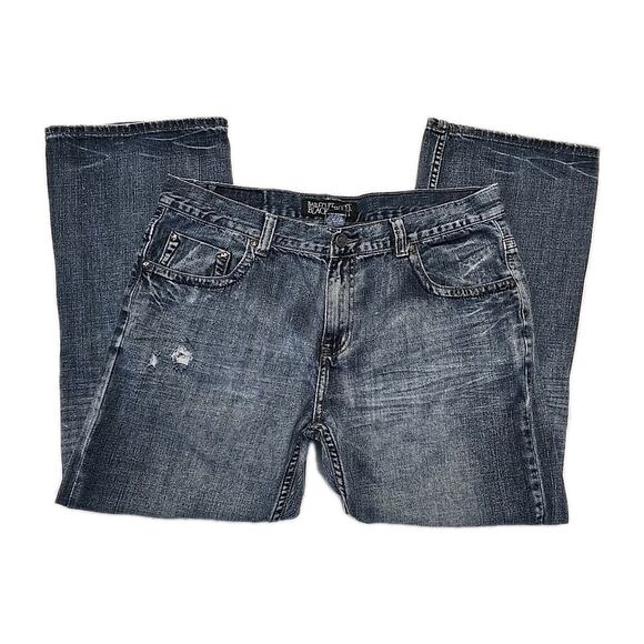 Baileys Pt Black Mens Boot Cut Jeans 38 X 30 Whiskered Embroidered Distressed - Picture 5 of 12